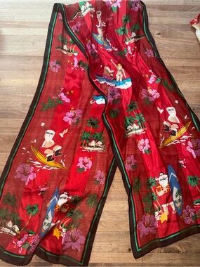 Vintage Elaine Gold 100% Silk Scarf Surfing Santa